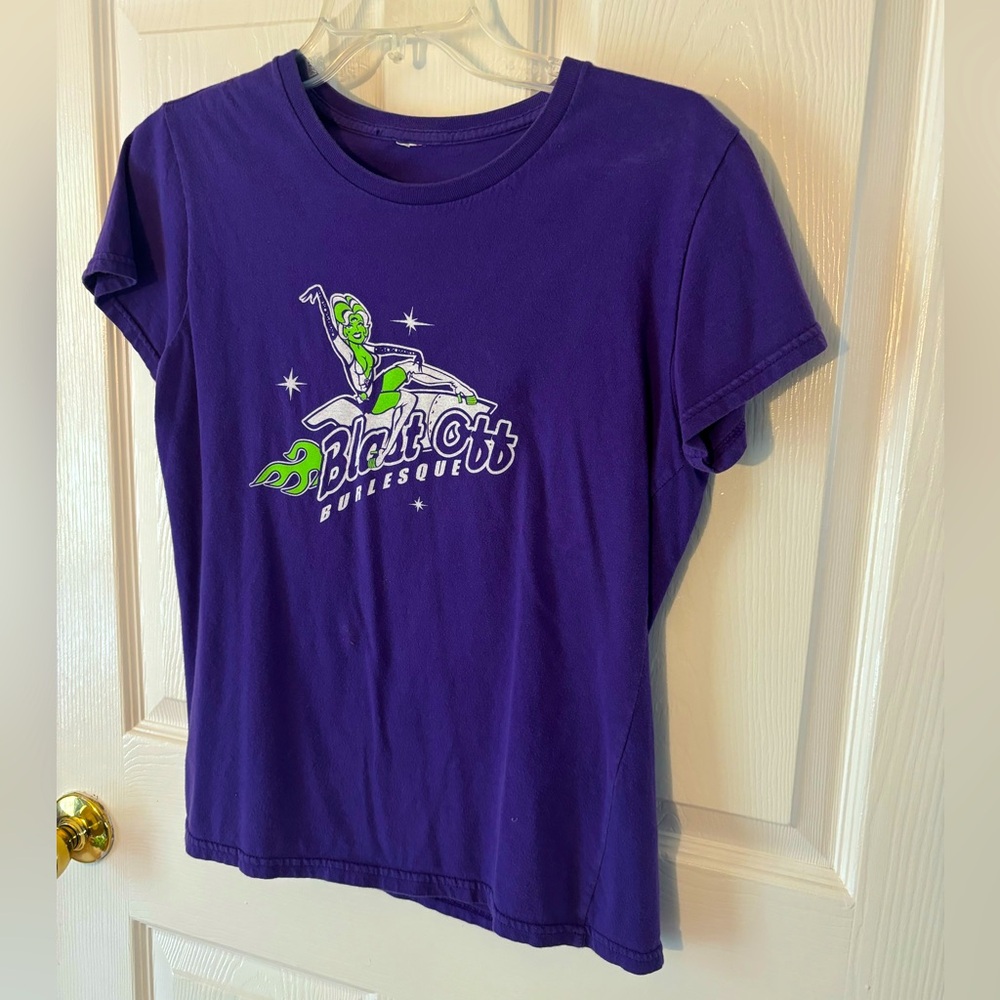 Burlesque Blast Off soft t-shirt, pin up purple, lime, green white fun sexy